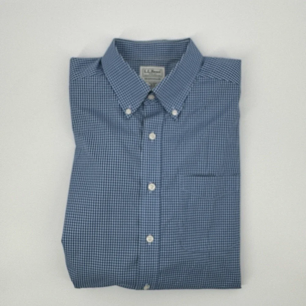 L.L. Bean Blue Gingham Button Down Shirt Men 16-33 Traditional Fit Cotton Office